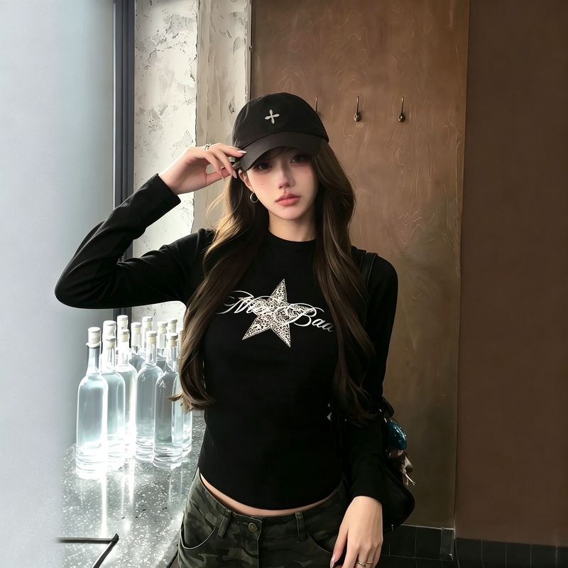 Wassup Sun American Style Spicy Girl Leopard Print Star Black Long-Sleeve T-Shirt for Women, Autumn Slim Fit Design Top Wassup Sun American Style Spicy Girl Leopard Print Star Black Long-Sleeve T-Shirt for Women, Autumn Slim Fit Design Top