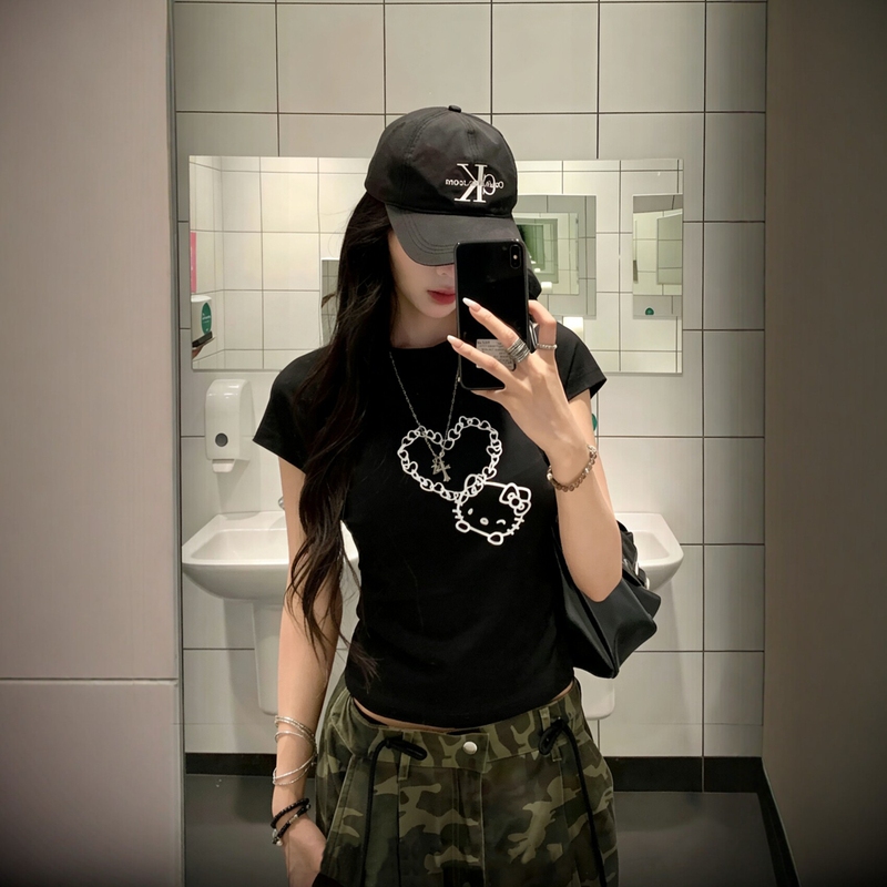 Wassup Sun American Style Hot Girl Black Short-Sleeved T-Shirt for Women Kt Cat Creative Slim Fit Summer Short Top