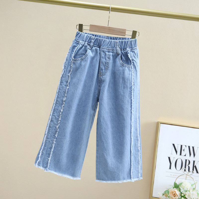 Korean girls' denim shorts 2022 summer new middle-aged children's cropped pants loose children's casual wide pants
