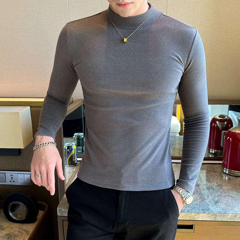 Undershirt men's autumn/winter double-sided velvet half-height collar inside the slim long-sleeved T-shirt trend thickened men's warm-up