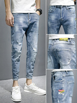 Jeans mens loose tide brand hole straight small pants Korean version of the trend stretch slim mens casual pants kz