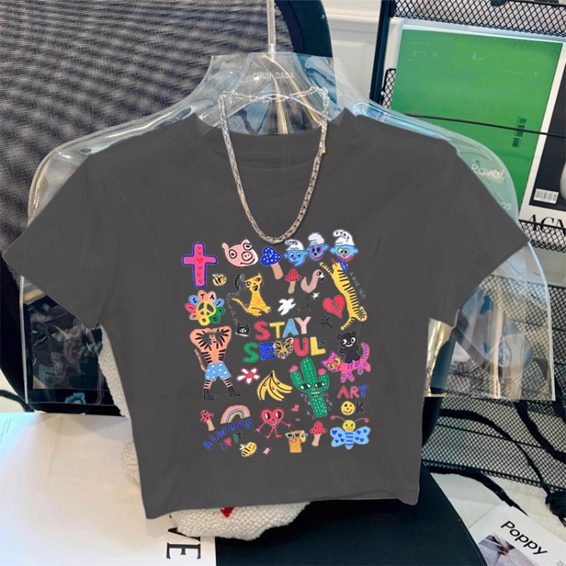 European Trendy Brand Hot Girl Cartoon High-Waisted Short Short-Sleeved T-Shirt for Women, Summer Sweet and Cool Cropped Top with Exposed Waist and Navel