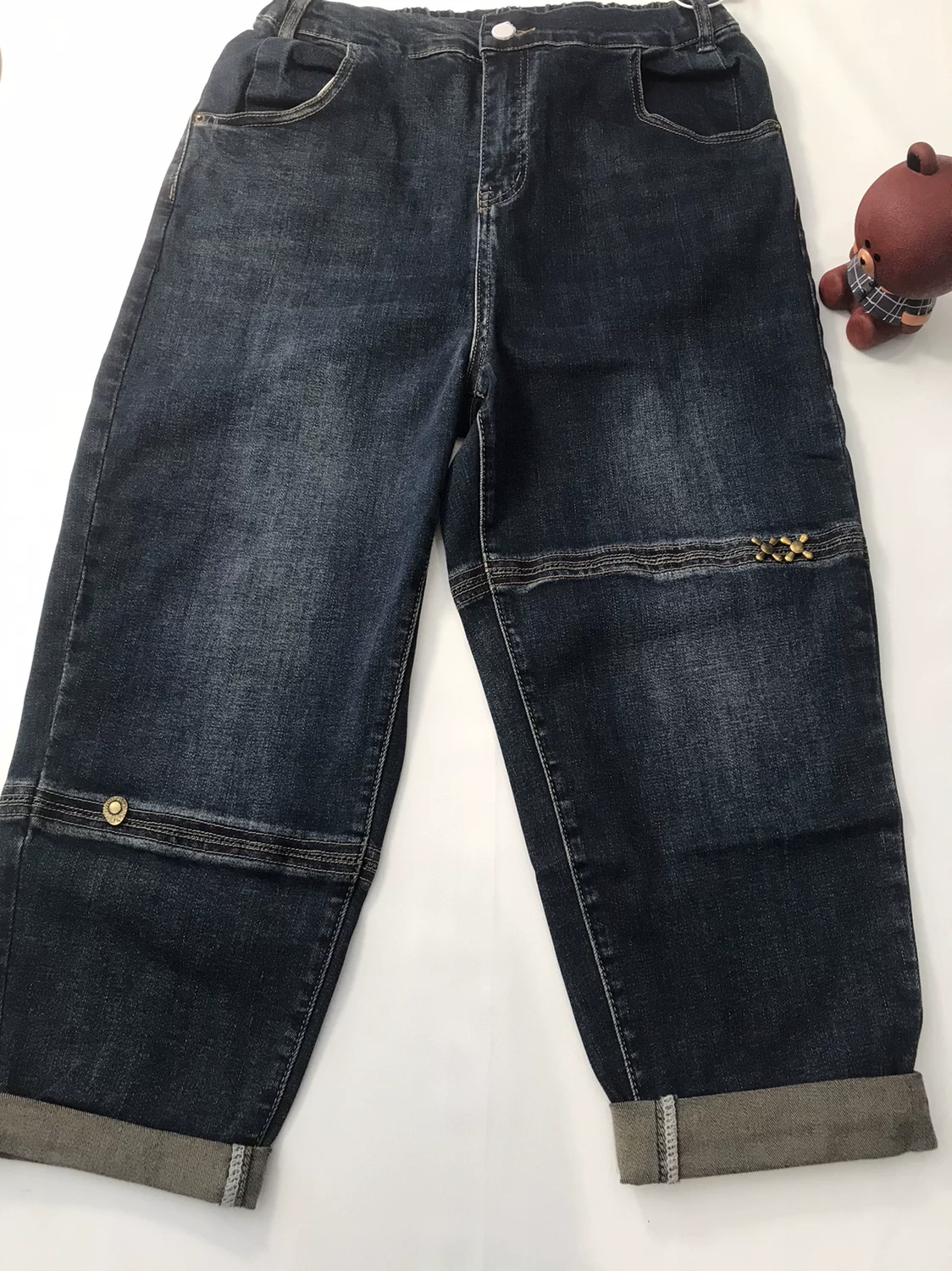 Denim demi-season jeans, elastic trousers, plus size, oversize, loose fit, high waist