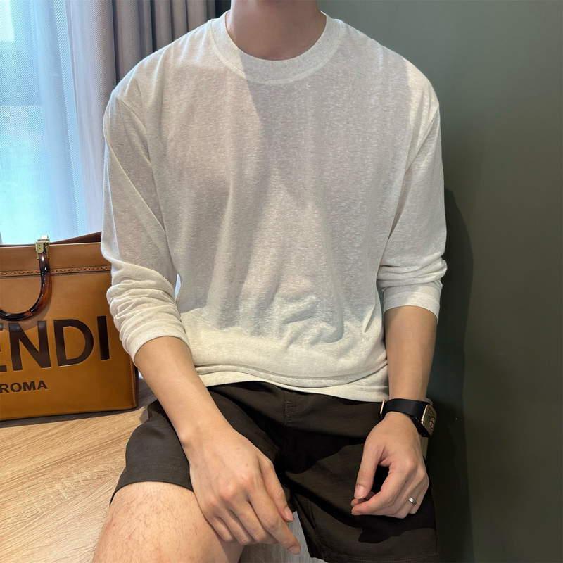 Mr. Nr [Linen Blend] Crew Neck White Sun Protection T-Shirt for Men, Long, Lazy Style, Loose, Lightweight, Floral T-Shirt