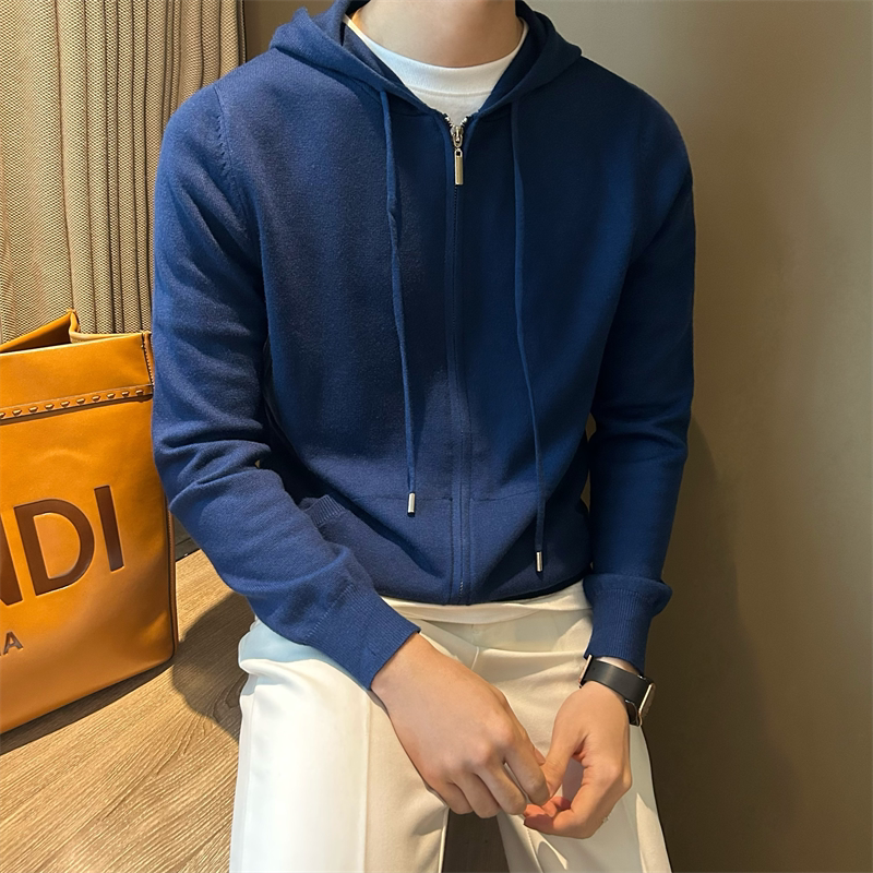 Mr. Nr Solid Color Casual Knit Hooded Sweatshirt for Men, Long-Sleeve Zip-Up Slim Fit Simple Versatile Jacket Top Trendy