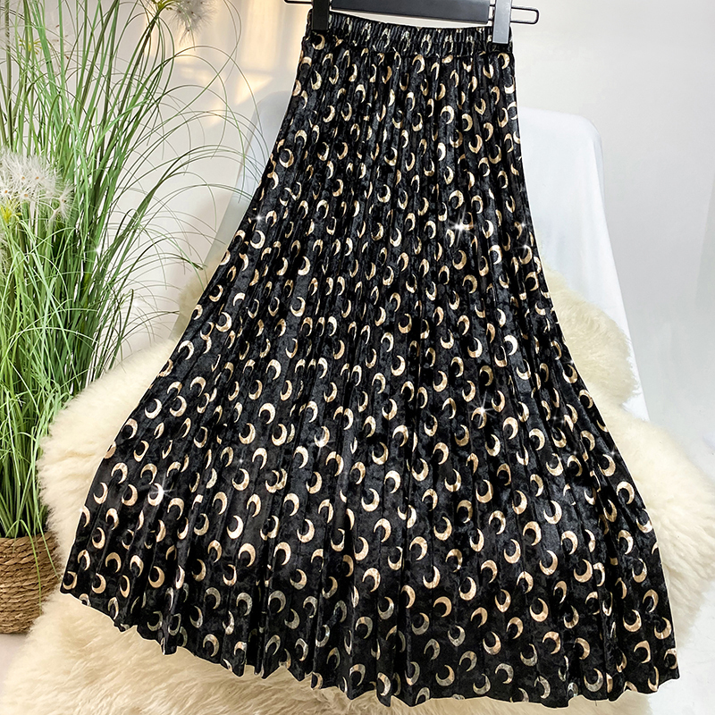 Printed Gold Foil Crescent Velvet Midi Skirt, Spring and Autumn Long Skirt, 2024 New High-Waisted Pleated Skirt, Versatile A-Line Skirt
