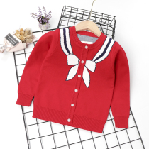  Childrens clothing girls navy collar cardigan childrens bow sweater Autumn 2021 new foreign style baby small jacket