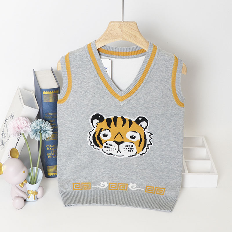 Autumn clothes 2022 new baby vest boys children's cartoon tiger wool vest Western style children's sweater