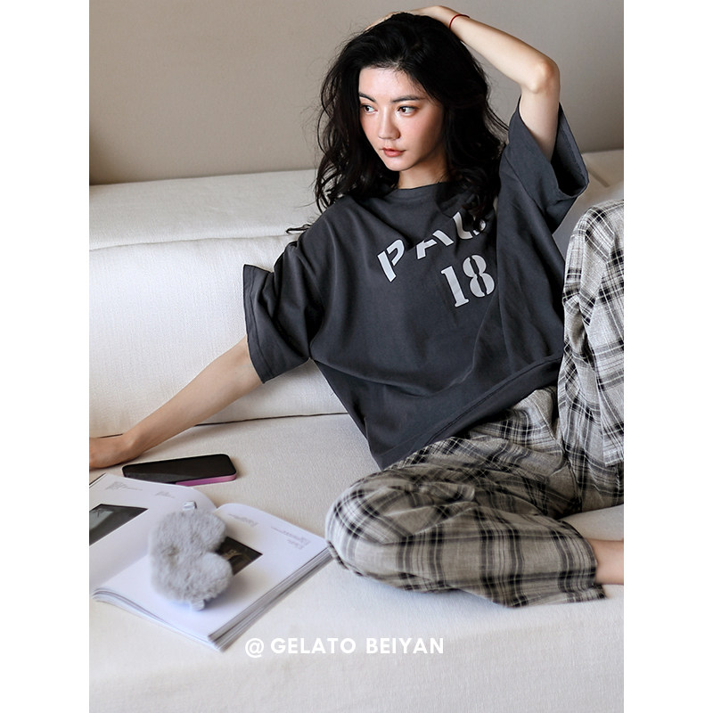 Beyan Pure Cotton Pyjamas Women's Summer Short Sleeve Long Pants Suit Fashion Casual Plaid Pants Can Be Worn Out Large Size Yard Clothing