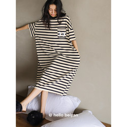 Beiyan Striped Nightgown ແມ່ຍິງ Summer ບາງໆຝ້າຍຝ້າຍແຂນສັ້ນ Pajamas ຄໍເຕົ້າໄຂ່ທີ່ເກົາຫຼີ Loose ຂະຫນາດໃຫຍ່ຂອງແມ່ຍິງຝ້າຍເຢັນ Dress