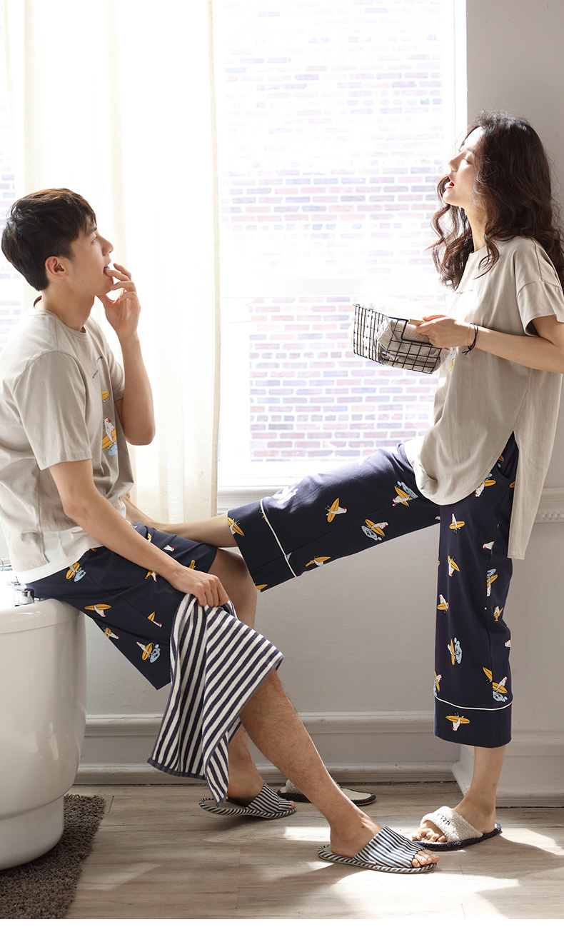 Dưới đây mùa hè vài bông đồ ngủ Hàn Quốc phiên bản của phần dài của phụ nữ của phần mỏng dịch vụ nhà có thể được đeo bên ngoài của nam giới ngắn tay bông phù hợp với đồ bộ pijama
