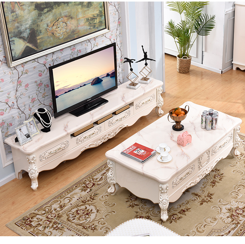 Tủ tivi châu Âu kết hợp bàn cà phê đặt đá cẩm thạch phòng khách tủ ánh sáng Pháp chạm khắc tủ đồ nội thất bộ bàn ghế phòng khách
