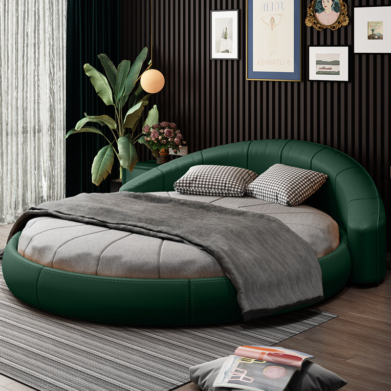 Port Style Light Lavish Double Bed Master Bedroom Genuine Leather Bed 1 8 m Solid Wood Round Bed 1 5 Nordic minimalist modern wedding bed