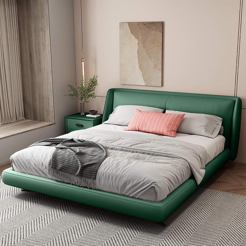 Light extravagant master bedroom with calf leather genuine leather bed 1 8 solid wood double bed modern minimalist minimalist Nordic soft-covered wedding bed