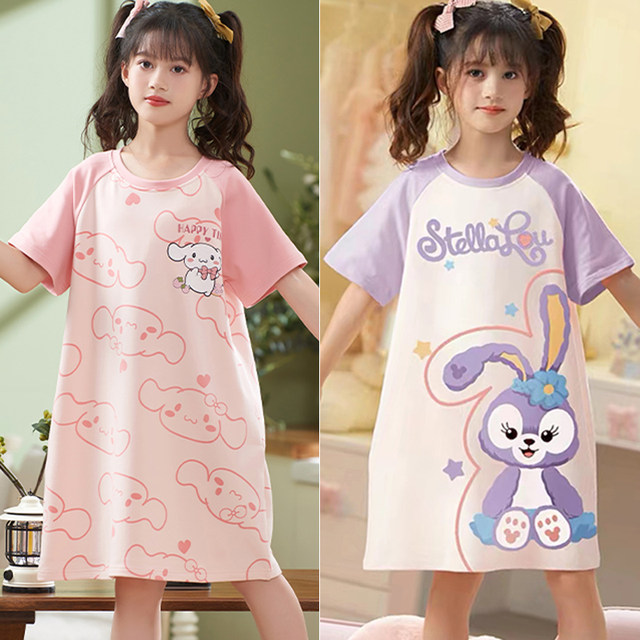 New girls nightgown summer pure cotton short-sleeved thin children's pajamas summer style girls parent-child home clothes for middle-aged and older children