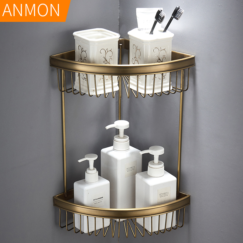 Nail-free brass triangle basket European style powder room corner rack Bathroom golden mesh basket double shelf without drilling