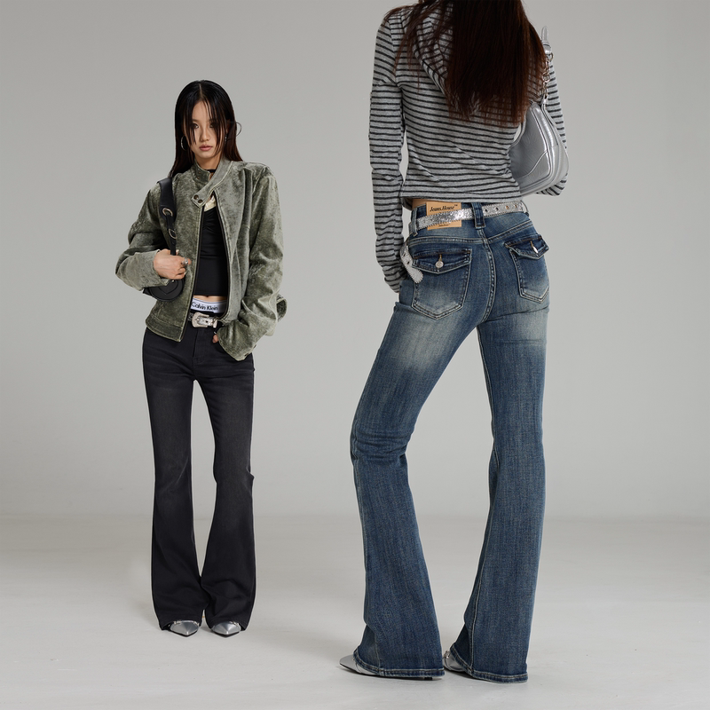 Prmr American Retro Golden Ratio Jeans with Triangular Pocket Flap, Fleece-Lined, Brushed, Slightly Flared, Mid-Waist Supermodel Pants