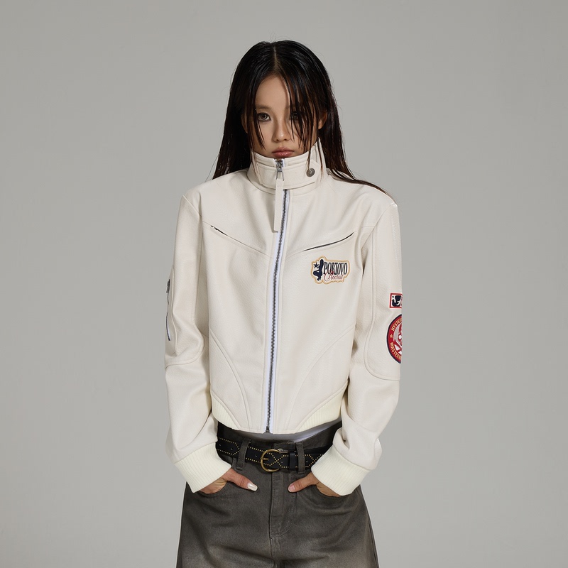 Prmr American Retro Stand-Up Collar Leather Jacket for Women, Biker Jacket, Cropped Pu Leather Jacket, Racing Patch Jacket