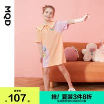 MQD Childrens clothing Girls lapel dress Home clothes 21 summer girls stitching contrast color casual home skirt
