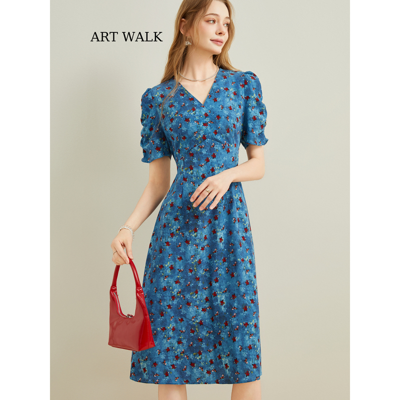 Art Walk Blue Floral Dress for Women, New Summer Mid-Length V-Neck Elegant Waist-Cinching Skirt That Covers the Belly