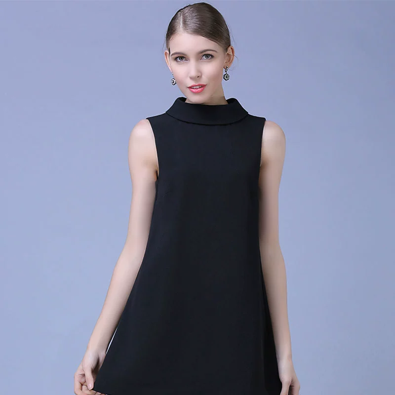 Váy vest đen cỡ lớn mới mùa hè Pháp nữ váy a-line không tay nửa cổ cao váy đen eo nhỏ mùa xuân và mùa thu - A-Line Váy