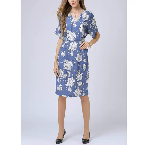 Шелковистое летнее платье, французский стиль, цветочный принт, V-образный вырез, большой размер, свободный прямой крой, изысканный стиль