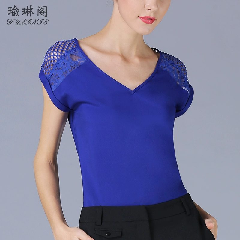 Kích thước lớn của phụ nữ áo sơ mi nhỏ mùa hè áo màu xanh hải quân rỗng lưới ren lưới ngắn tay áo sơ mi voan satin áo sơ mi cổ v - Áo sơ mi chiffon ren
