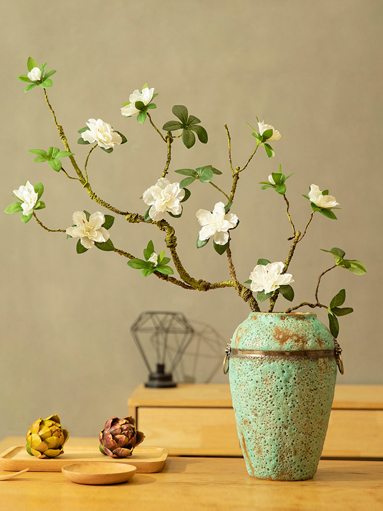 Simulation azalea fake flower silk flower branch shape Home decoration Chinese Zen ceramic vase placement floral art