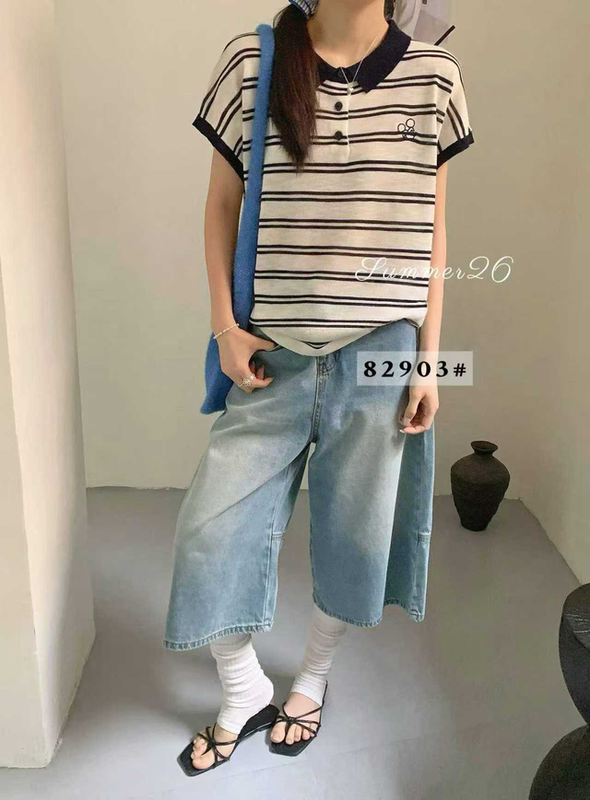 2026 Summer Women's Lyocell Ramie Knit Striped Short Sleeve Embroidered Mickey Logo Vintage Polo Collar T-Shirt 2026 Summer Women's Lyocell Ramie Knit Striped Short Sleeve Embroidered Mickey Logo Vintage Polo Collar T-Shirt