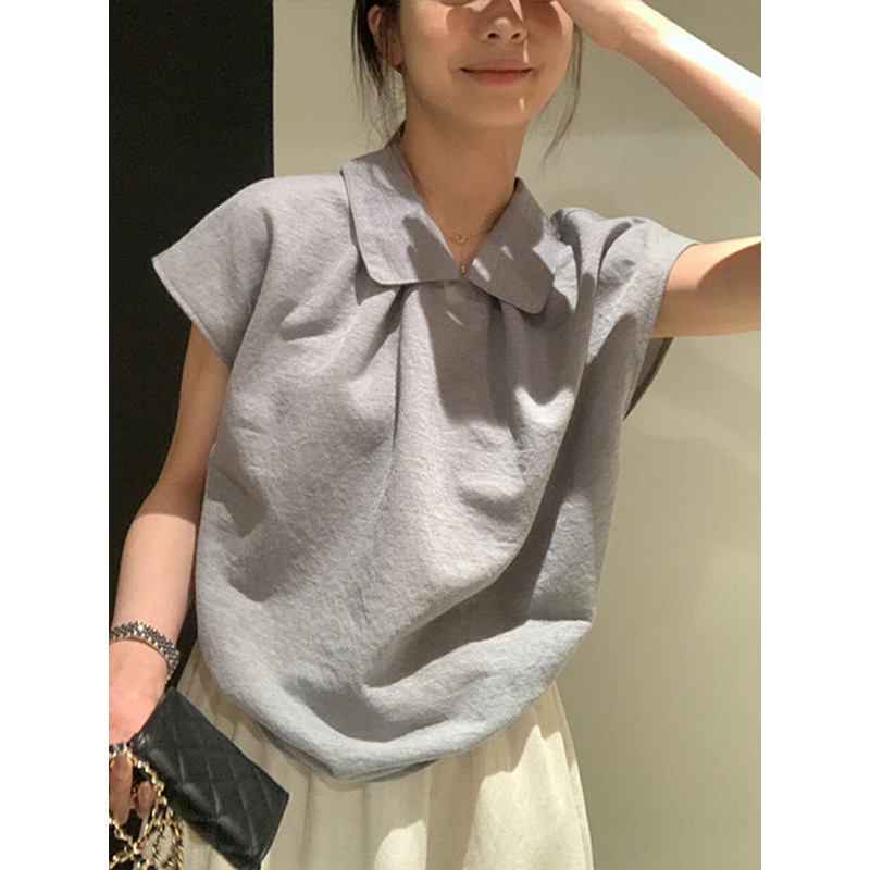 Korean-Style Blue Doll Collar Cotton and Linen Short-Sleeved Shirt for Women, Summer High-End Loose Linen Shirt with Small Flutter Sleeves