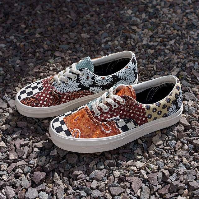 Vans official Era tiger pattern cashew flower patchwork campus retro ເກີບຜ້າໃບຂອງຜູ້ຊາຍແລະແມ່ຍິງ