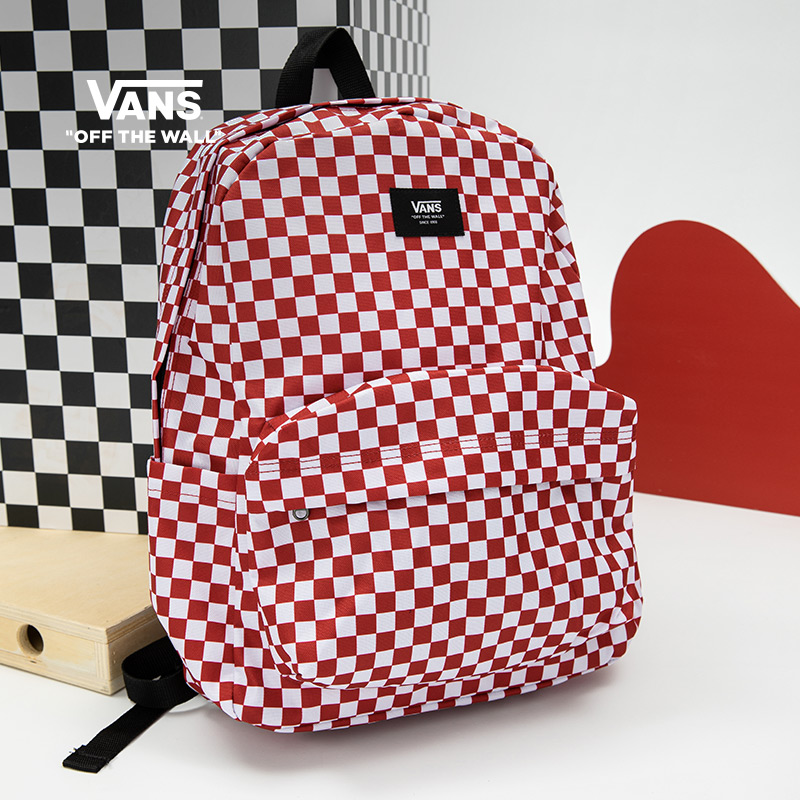 Vans Vans Official Men and Women Couples Backpack Backpack Red and White Checkerboard American Retro