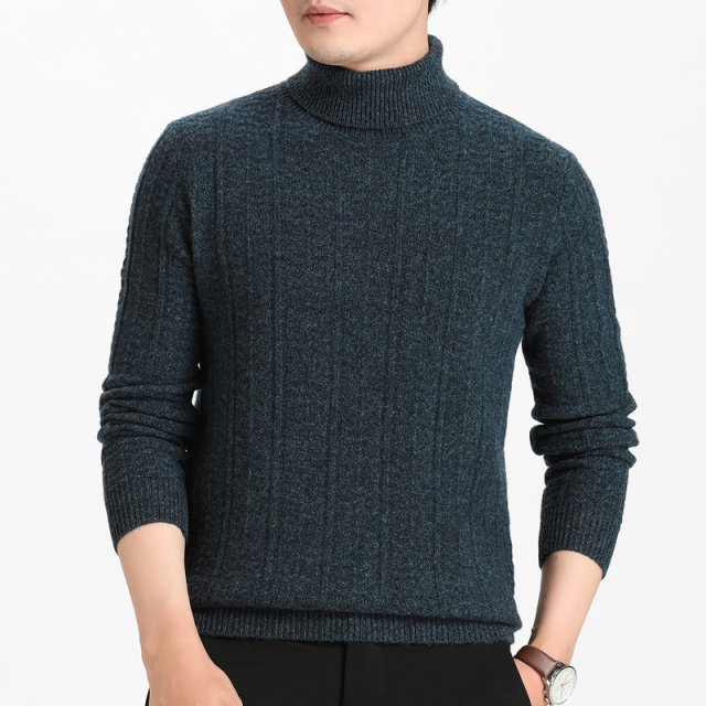 Jinju Autumn and Winter New 100% Wool Sweater two Lapel Solid Color Vertical Striped Men's Wool Sweater Business Casual