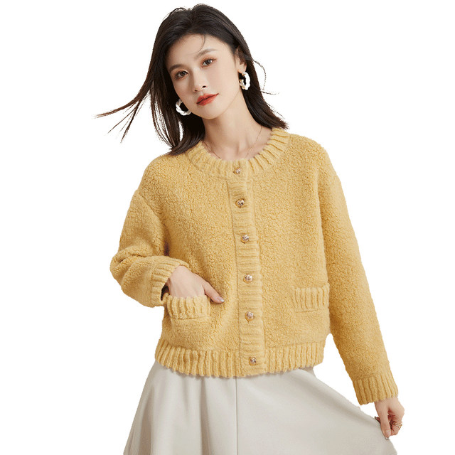 Jinju Sheep Wool 100% Short Lamb Wool Cardigan Winter New Round Neck Solid Color Warm Women's Jacket