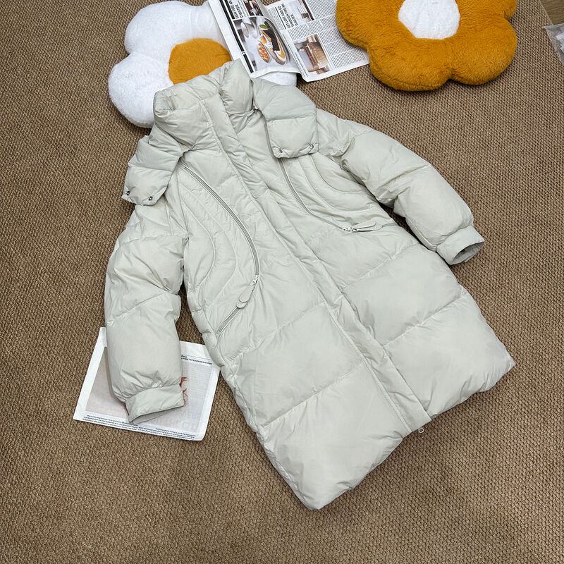 2025 Winter New Korean Style Over-The-Knee White Duck down Warm Jacket High-End Casual Hooded down Coat for Women Mid-Length