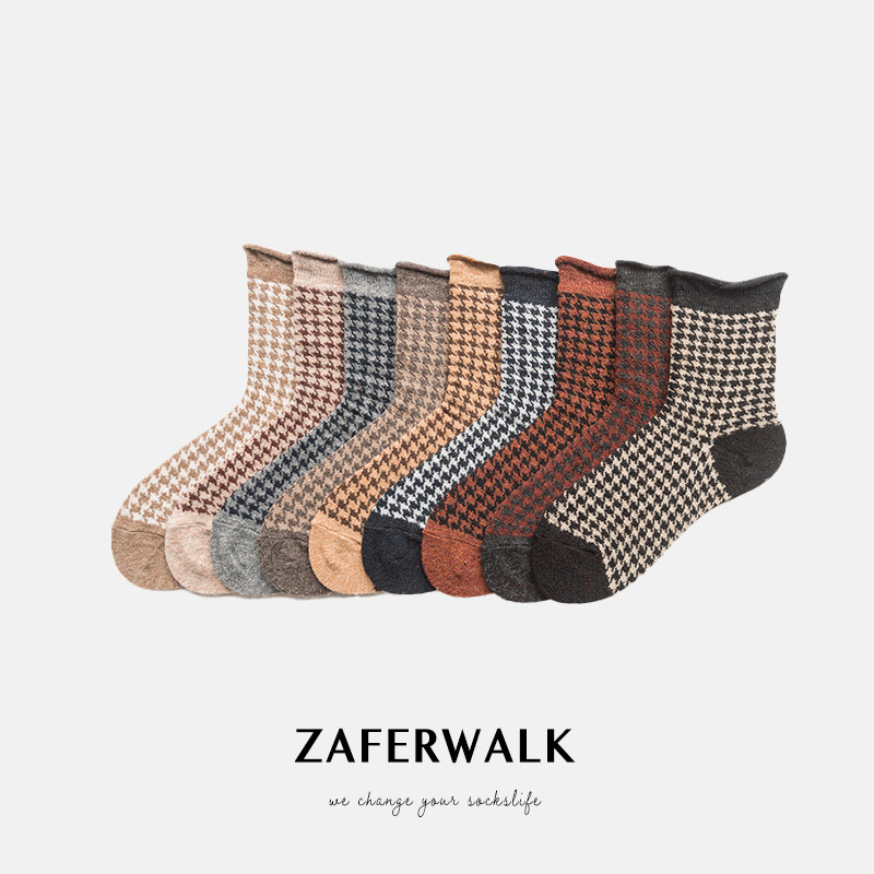 Vegetarian Studio Socks Lady Autumn Winter Rabbit Wool Curl in Silo Socks Classic Thousands of Bird Plaid Retro Art and Art Wind