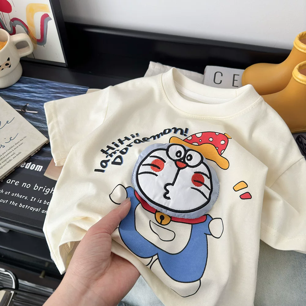 Cotton three dimensional cute T-shirt for boys and girls, family style, Doraemon, with short sleeve