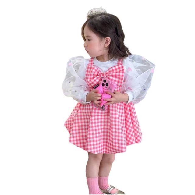 Girls 2023 Spring Puff Sleeve Bottom Shirt Sling Bowknot Dress Children Baby Fashion Suit Western Style