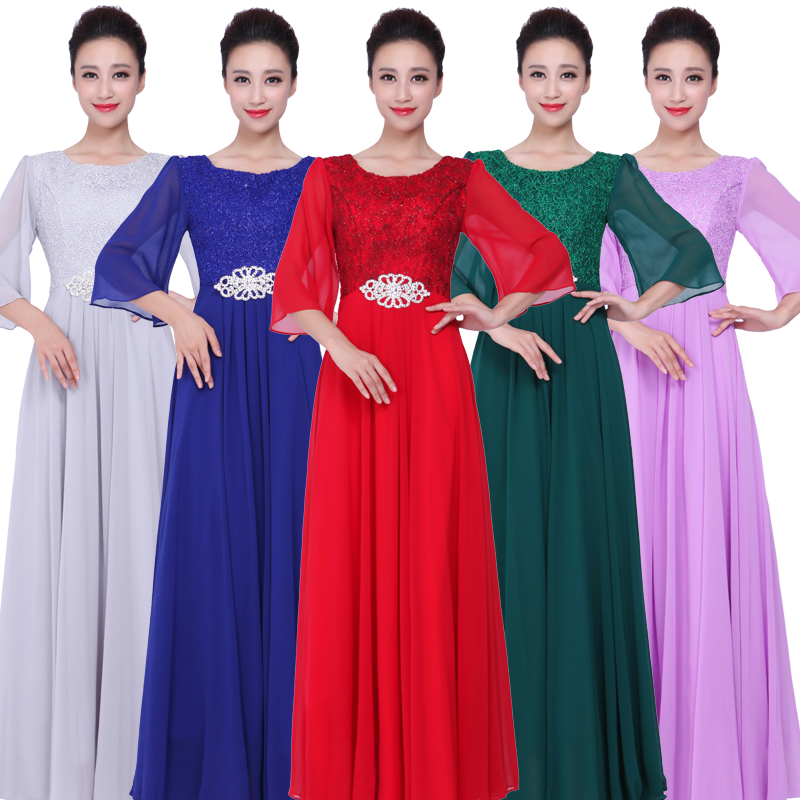 New choir performance clothing women's long skirt bright diamond lace high school students chorus clothing red song chorus dress customization