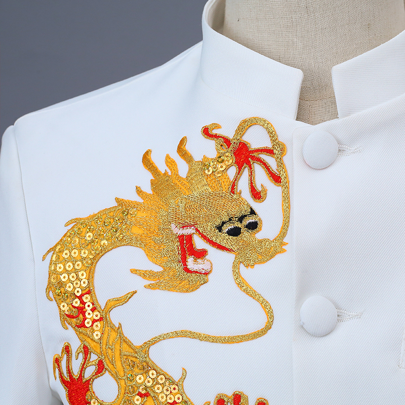 New hiệu suất lớn điệp khúc trang phục nam chủ Zhongshan váy nam váy trắng Trung Quốc thêu rồng Trung Hoa Dân Quốc quần áo