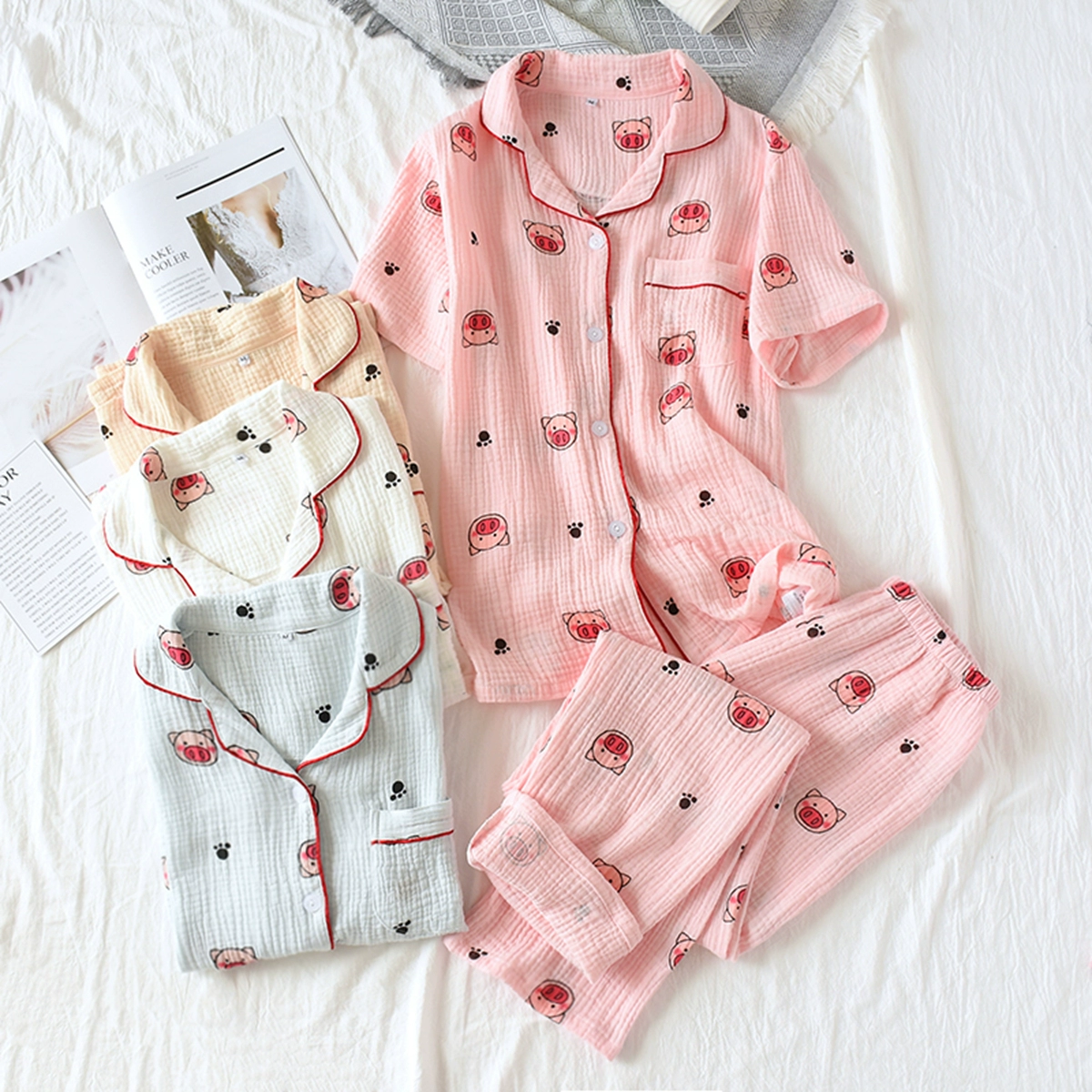 Bộ đồ ngủ ngắn tay cotton tinh khiết của phụ nữ mùa hè phù hợp với hai lớp gạc cotton crepe của phụ nữ mặc nhà mỏng kích thước lớn - Giống cái