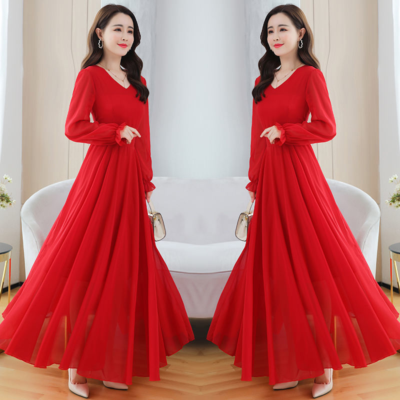 Double-Layered Long Dance Dress, Large Size, Loose and Slimming, Mid-Length Chiffon Dress, Women's Long-Sleeved Over-The-Knee Beach Dress