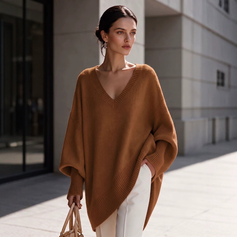 2026 Autumn and Winter European and American Style Plus Size Long Sleeve V-Neck Lazy Sweater Women's Loose Mid-Length Knit Top 2026 Autumn and Winter European and American Style Plus Size Long Sleeve V-Neck Lazy Sweater Women's Loose Mid-Length Knit Top