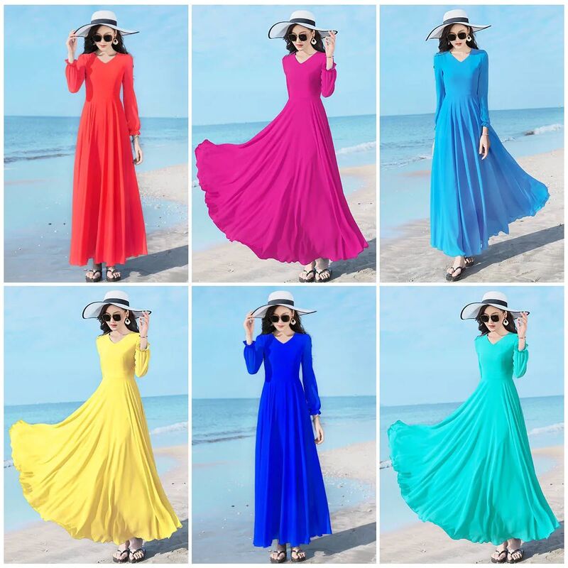 Performance Double-Layered Long Dance Dress with Long Sleeves, Chiffon Dress, Beach Dress, Plus Size, Sanya Travel Video Shoot, Spring