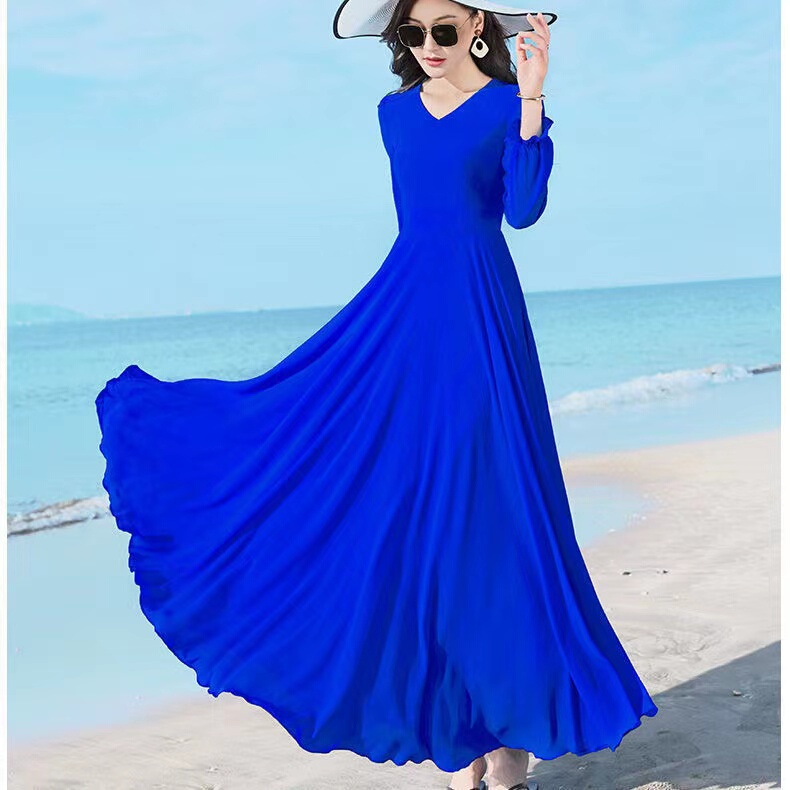 Spring and Summer Long-Sleeved Chiffon Dress with a Slimming Effect, Long Double-Layered Flared Dress, Over-The-Knee Beach Dress, Solid Color Long Dress for Dancing