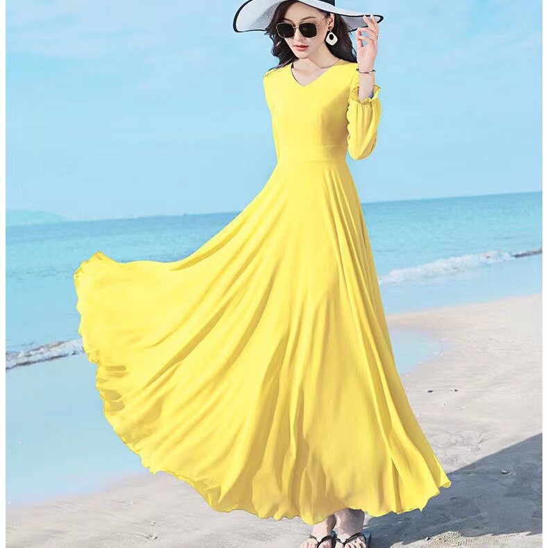 Double-Layered Long Dance Skirt with a Cinched Waist, Slimming Long-Sleeved Chiffon Dress, Women's Beach Dress, Plus-Size Mid-Length Skirt
