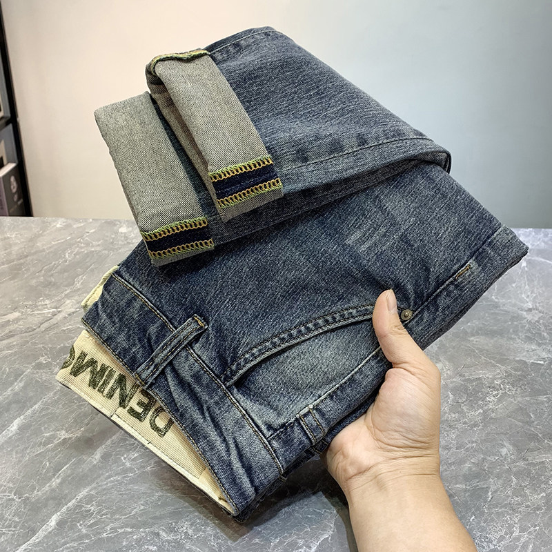 2022 retro jeans men's autumn thin section tide brand slim cigarette pants nostalgic embroidery ins elastic trousers