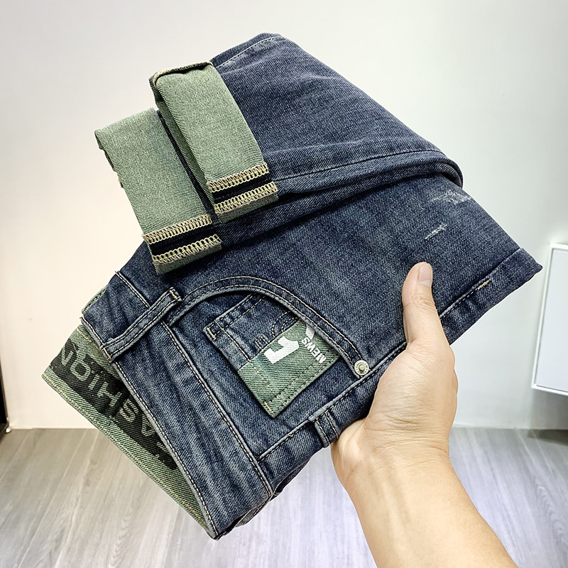 Gutian Zhiya summer thin letter printing jeans men's tide brand ins Korean version trend slim cigarette pants