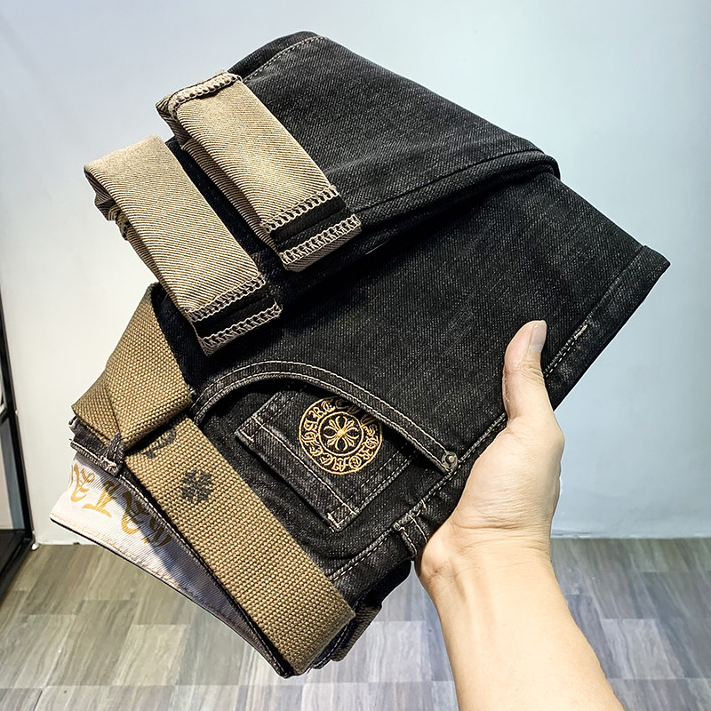 Embroidered jeans men's autumn 2022 new ins tide brand Korean version of high-end elastic slim fit pencil trousers