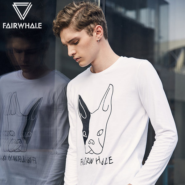 18年春季新款 马克华菲 Mark Fairwhal 纯棉法斗印花 男式长袖T恤 ￥98包邮（￥118-20）2色可选
